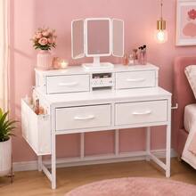 XWWUA Modern Vanity Desk With Mirror And Storage Drawers, Makeup Table With Tri-Folding Mirror, Charging Station, Fabric Drawer Organizer For Bedroom, Dressing Room, Beauty Room, Home Office And Apartment Furniture For Women And Girls - White - View 9
