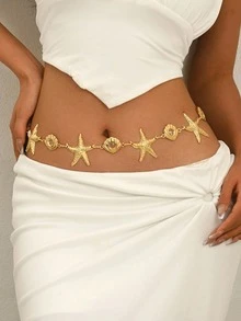 1pc Summer Vacation Style Marine Life Starfish Scallop Gold Metal Waist Chain, Personalized Geometric 3D Shaped Chain Body Chain For Women, Suitable For Daily Commute, Beach Party, Gift For Best Friends And Family - Gold - View 1