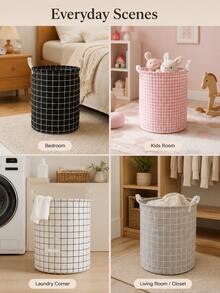 Portable Handle Design Laundry Storage Bin, Foldable Cylindrical Clothing Organizer Basket, Multi-Functional Dirty Clothes, Toys And Household Items Storage Container, Suitable For Bedroom And Bathroom - Multicolor - View 9