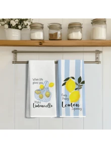 2pcs Summer Lemon Kitchen Dish Towels, Striped Lemon Quote Print Absorbent Dish Cloths, Fresh Farmhouse Style Kitchen Home Decor - Multicolor - View 9