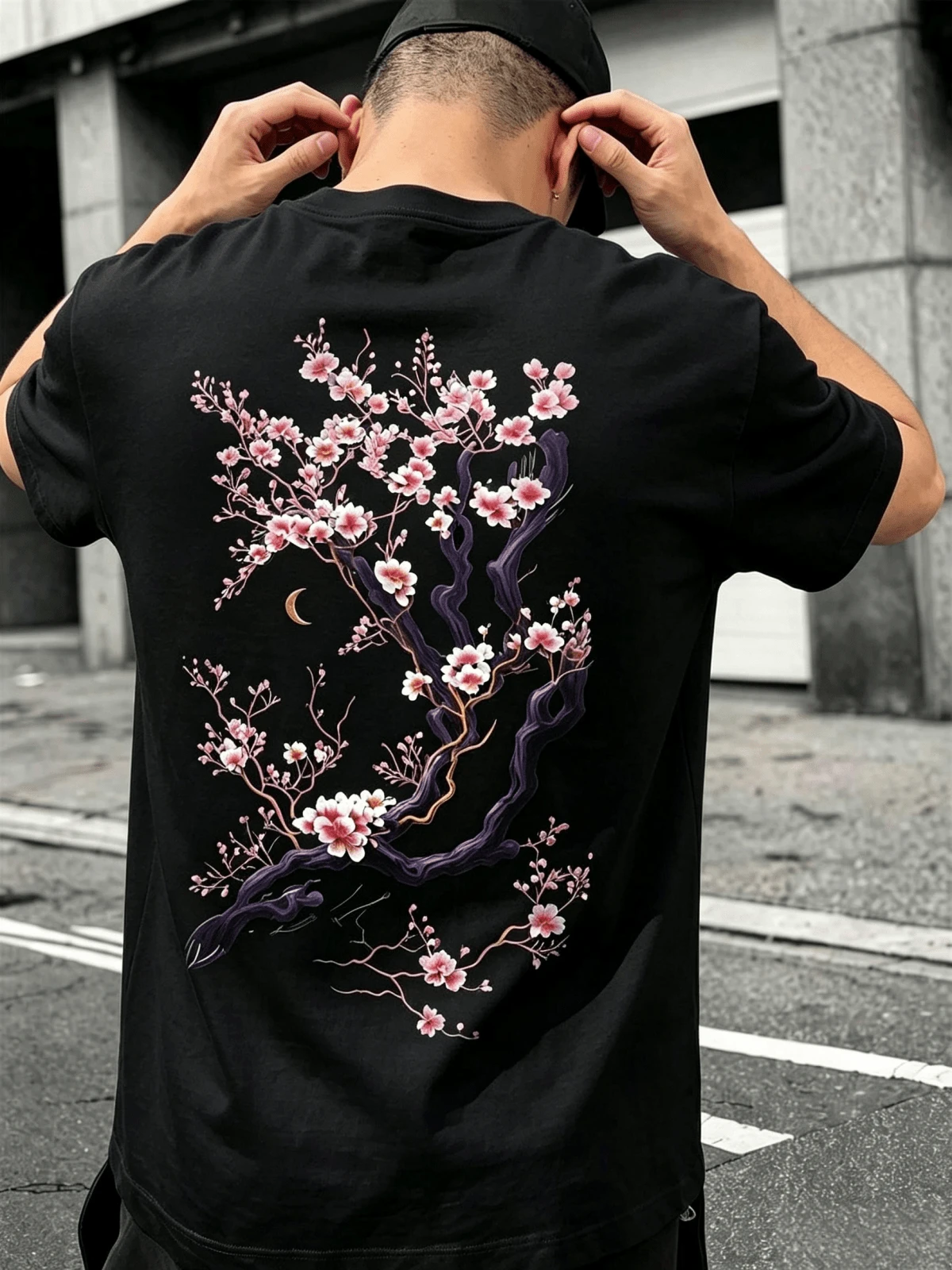 100% Cotton Men's Short Sleeve Tee, Oriental Floral Back Graphic Top, East Asian Street Style, Casual Shirt For Daily Wear, Outings & Commute - 黑色T-shirt - 查看 1