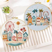 Handmade DIY Embroidery Kit Set, 20*20cm(7.9*7.9in), Seaside Vacation Theme, Comes With Embroidery Frame. Ideal For Adults & Beginners. Printed Pattern Fabric, Needles, Threads & Instruction Manual. Perfect Home Decor & Gift For Family And Friends - CXP2224 - View 2
