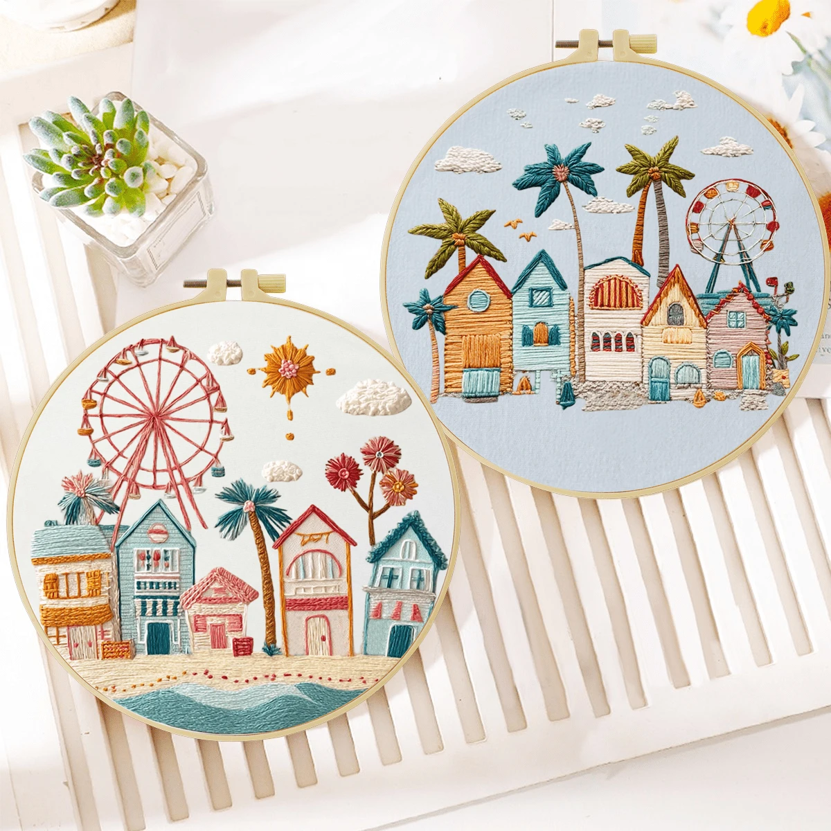Handmade DIY Embroidery Kit Set, 20*20cm(7.9*7.9in), Seaside Vacation Theme, Comes With Embroidery Frame. Ideal For Adults & Beginners. Printed Pattern Fabric, Needles, Threads & Instruction Manual. Perfect Home Decor & Gift For Family And Friends ﻿