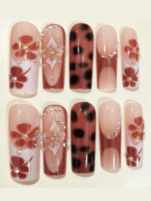 24-Piece Nail Set, Brown Gradient, Airbrushed Hazy Red Flowers And Amber Leopard Print, Decorated With Embossed 3D Flowers And Iridescent Rhinestones, Warm-Toned Retro Autumn Filter - Multicolor - View 3