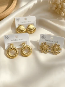 24/18/12pcs Premium 304 Stainless Steel Earrings, Elegant Women's Earring Set, Includes Gold Heart, Oval, Triangle Stripe And Various Geometric Shape Studs, Multiple Styles, Hypoallergenic Earring Set, Versatile And Elegant, Perfect Gift Choice For Female Friends On Holidays. (24/18/12pcs Randomly Shipped) - Gold Multi-element - View 5
