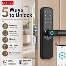 NJTY Smart Door Lock, Supports Fingerprint, Tuya WiFi App Control, Keyless Entry, Password, IC Card, Mechanical Key And Anti-Peeking Virtual Password, Suitable For Home, Apartment And Office - Black - View 2