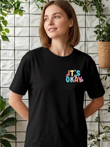 Casual Crew Neck Short Sleeve Tee For Women With Graphic Pattern, Fashion Daily Wear Ideal For Autumn, Fast Local Delivery - 黑色 - 查看 4