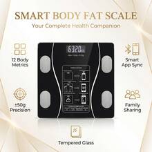Báscula inteligente de grasa corporal, báscula digital de peso con pantalla LED retroiluminada y vidrio templado duradero, tamaño compacto, alta precisión, fácil de usar, calibración automática, 12 mediciones clave - Ver 5