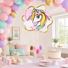 Piñata de Unicornio con Cintas para Tirar, 50 * 45 cm, Diseño Pastel con Borde Dorado, Sin Relleno para Cumpleaños y Fiestas Infantiles - Ver 4