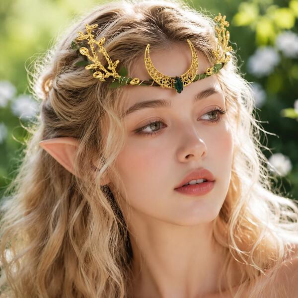 MESHUOKAI Diadema de corona de elfo de fantasía con gema púrpura y hoja, tiara de luna dorada para mujeres, accesorio de disfraz para fiesta de cosplay de Halloween