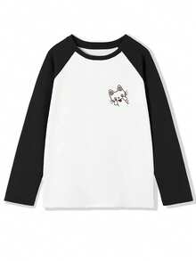 Women's Fashion Autumn Cotton Loose Fit Versatile Cartoon Print Long Sleeve T-Shirt Top - Black and White - View 7