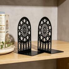 A Pair Of Hollowed Out Manchurian Window Hollowed Out Bookshelf Book Ends, Used For Heavy Book Ends, Black/Yellow High-End Book Ends, Metal Book Ends For Schools, Libraries, Desktop Storage, And Bookshelves. - Multicolor - View 7
