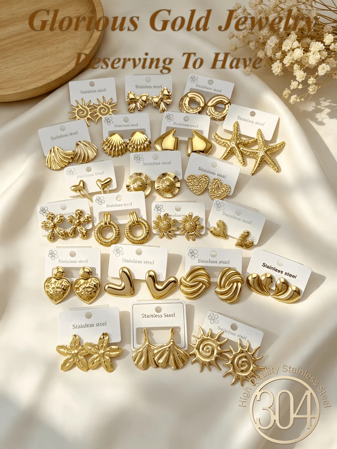 24/18/12pcs Premium 304 Stainless Steel Earrings, Elegant Women's Earring Set, Includes Gold Heart, Oval, Triangle Stripe And Various Geometric Shape Studs, Multiple Styles, Hypoallergenic Earring Set, Versatile And Elegant, Perfect Gift Choice For Female Friends On Holidays. (24/18/12pcs Randomly Shipped) - Gold Multi-element - View 1