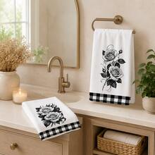 2pcs Vintage Black & White Rose Floral Theme Bathroom Towels, Suitable For Bathroom Cleaning, Home Cooking, BBQ, Bathroom Cleaning, Outdoor Activities And Tea Party Decor Home Supplies - Multicolor - View 4