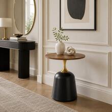 60cm Round Side Table, Living Room Table With Metal Frame, Simple And Modern Tabletop With Walnut Finish, Meeting Table, Unique Round Desk For The Bedroom Or Next To The - 黑色 - 查看 6