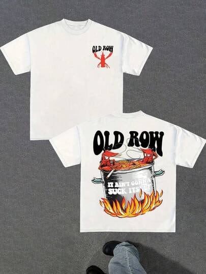 1 Pc Vintage Cotton Men's T-Shirt, Shrimp Print Front And Back, Loose Fit Urban Style, Summer, Summer Are Here! - White - View 1