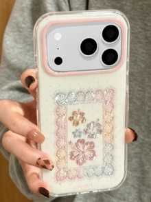 Casing Ponsel Bertekstur Renda Hibiscus Berkilau Lucu Kompatibel Dengan iPhone 17 Pro Max 17 Pro 16 14 15 Plus 15 14 13 12 16 Pro Max 11 Casing Pelindung Motif Bunga Polkadot Putih Tahan Guncangan dengan Bingkai Transparan - bunga-bunga - View 1
