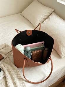 Minimalist Embossed Letter Leather Tote Bag, Large Capacity Commuter Shoulder Handbag With Star Charm, Versatile Women's Bag For School, Work, Daily Outings And Storage - Multicolor - View 9