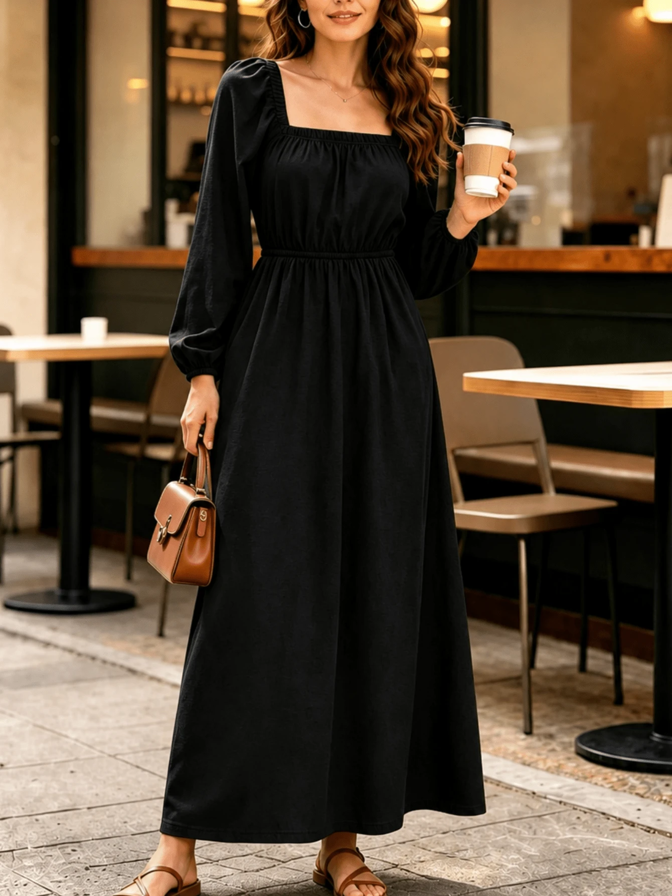Women's Bohemian Style Black Square Neck Long Sleeve Flowy Casual Bohemian Dress With Pockets Elegant - Black - View 1