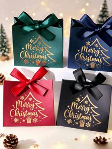 Christmas Mini Gift Paper Bags With Ribbon Bow, Thick Coated Kraft Paper Material, Gold Foil Christmas Pattern, Foldable Handheld Small Bags, Lightweight And Reusable, Multiple Colors Available; Suitable For Gift Giving For Men And Women, Christmas Party Favors, Candy And Jewelry Storage, Holiday Gift Packaging Bags, Christmas Gift Boxes - Multiple Styles - View 5