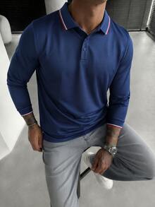 男士長袖翻領 Polo 衫，休閒百搭上衣，內搭 Polo T-shirt，適合室內運動、家務、健身、通勤與日常穿著 - 藍色 - 查看 2