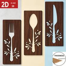 2D Flat, 3-Piece Wooden Kitchen Wall Art - Fork, Spoon And Knife Design - Dining Room, Kitchen, Easy To Hang Decor - Perfect For Christmas, Easter, Valentine's Day, Thanksgiving - A - View 1