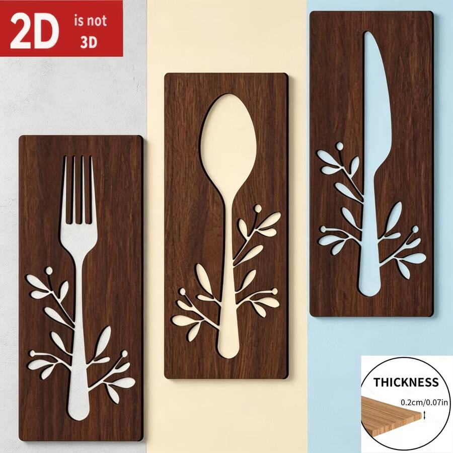 2D Flat, 3-Piece Wooden Kitchen Wall Art - Fork, Spoon And Knife Design - Dining Room, Kitchen, Easy To Hang Decor - Perfect For Christmas, Easter, Valentine's Day, Thanksgiving - A - View 1