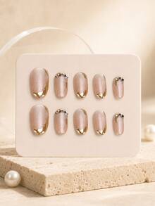 10 Medium Oval Press-On Nails With Asymmetric Gold Edges, Decorated With Shells And Pearls, Elegant Full-Cover Fake Nails, Perfect For Everyday Wear, Dates, Weddings, And Parties For Women - Follow Your Heart - View 4