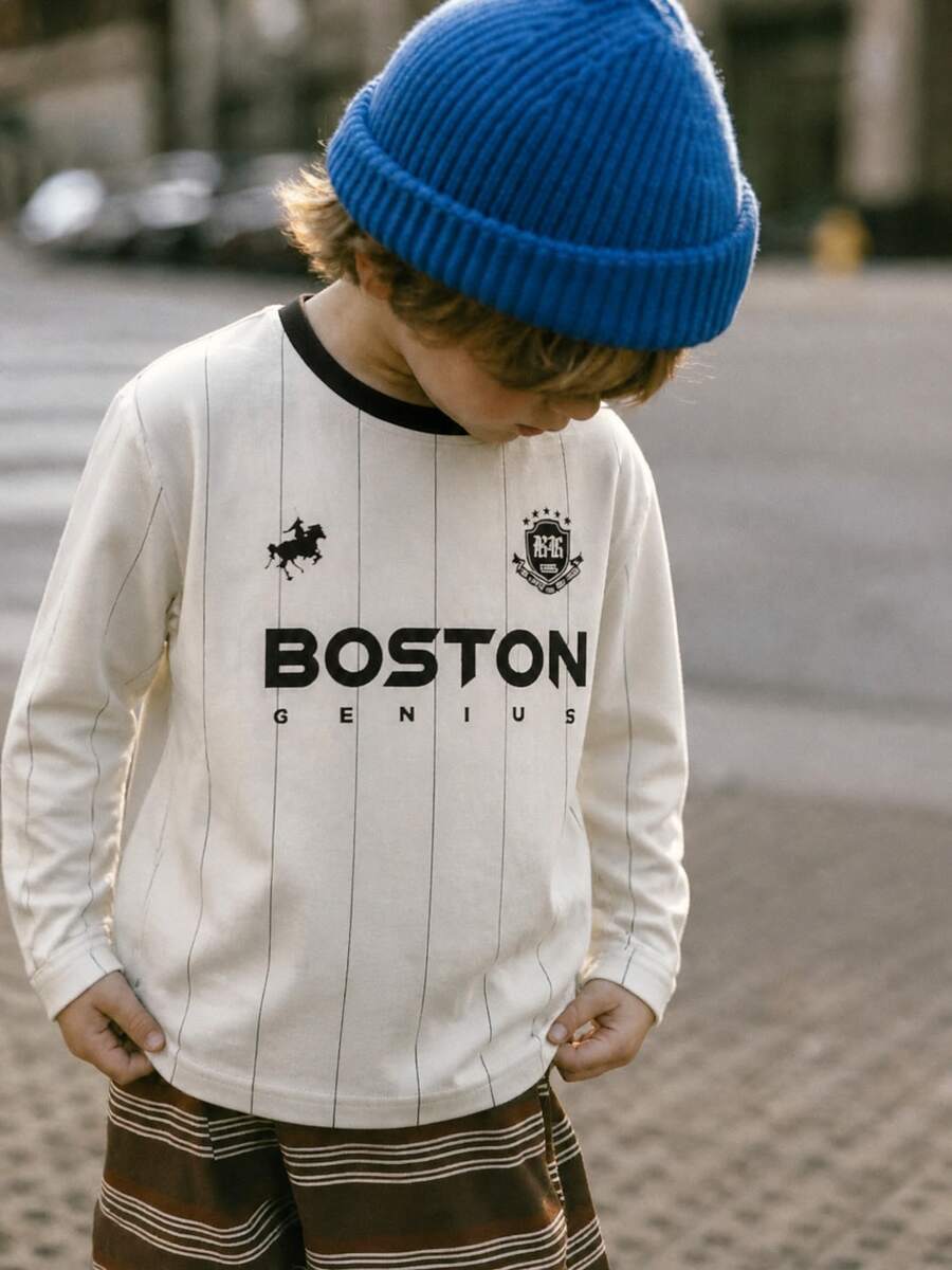 1pc Boys Toddler Beige Base Black Thin Vertical Stripe Contrast Brown ...