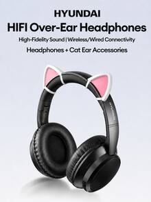 HYUNDAI HY-T02MAX頭戴式藍牙耳機搭配貓耳朵配件，5.4HIFI高清音質重低音通話精準降噪音樂運動遊戲低延遲長續航商務頭戴式耳機通用手機平板電腦 - 黑色+貓耳朵 - 查看 2
