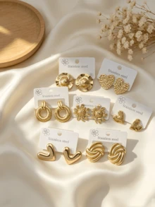 24/18/12pcs Premium 304 Stainless Steel Earrings, Elegant Women's Earring Set, Includes Gold Heart, Oval, Triangle Stripe And Various Geometric Shape Studs, Multiple Styles, Hypoallergenic Earring Set, Versatile And Elegant, Perfect Gift Choice For Female Friends On Holidays. (24/18/12pcs Randomly Shipped) - Gold Multi-element - View 4