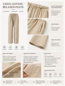 Women's Loose Drawstring Waist Wide Leg Pants, Lightweight Breathable Casual Trousers, Summer - Linen - View 6