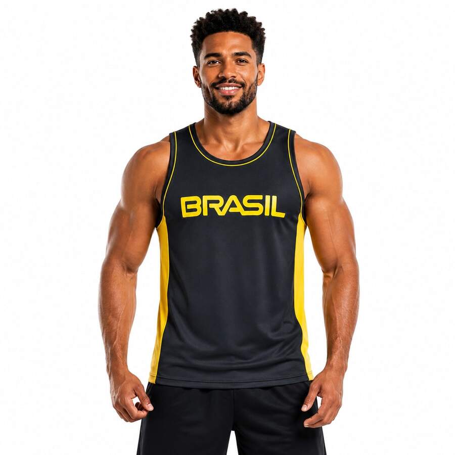 Men's Sports Tank Top For Sports Activities, Gym And Casual Use - Black Yellow Brazil - View 1