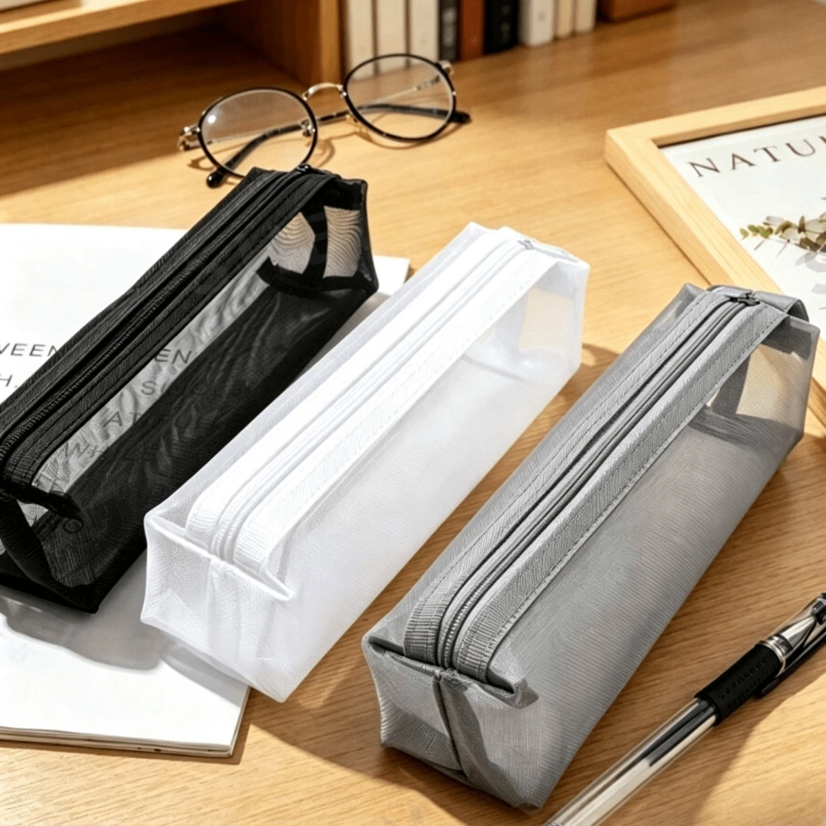 Minimalist 3D Mesh Pencil Case, Large Capacity Transparent Zipper Stationery Storage Bag, Portable Handheld Pencil And Cosmetic Organizer, Suitable For School Or Office Daily Use - A - View 1
