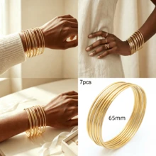 Minimalist Fashion Stainless Steel Gold Round Multi-Layer Plain Bangle Bracelet Set - Gold - View 8