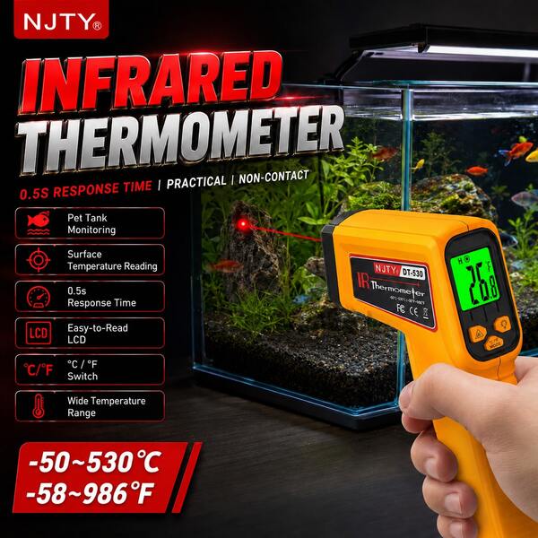 NJTY DT-530 Non-Contact Infrared Thermometer, 12:1 D:S Ratio, -50°C To 530°C Temperature Range, High/Low Temperature Alarm, Backlit LCD, °C/°F Switchable, Suitable For Cooking, Oven, Grill, Car Engine, HVAC And Surface Testing