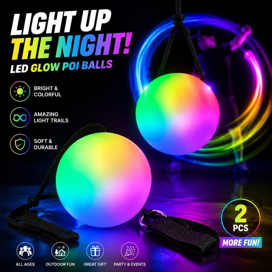 Bola giratoria suave con luz LED, bola iluminada de mano (con modos de luz multicolor, control por botón) - Un accesorio iluminado para fiestas, bodas y bailes. Bola de baile giratoria de PVC duradero, alimentada por baterías de botón, - Bola Poi LED brillante - Ver 1