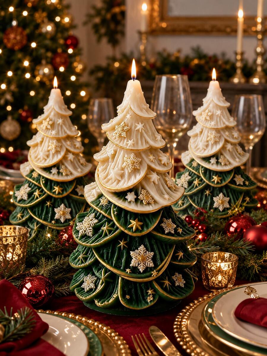 3D Layered Christmas Tree Silicone Candle Mold, Dual-Tone Green And Cream Matte Pine Mold With Gold Trim, Embossed Snowflake And Star Decorative Details, Flexible Heat-Resistant Non-Stick Silicone, Reusable For Soy Wax, Soap, Epoxy Resin, Plaster DIY Crafts, Formal Christmas Table Centerpiece And Luxury Holiday Gift Box Filler - Christmas Tree Mold - View 1