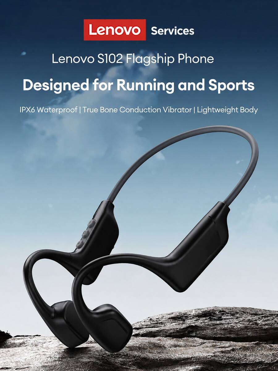 Lenovo S102 IPX6 防水骨傳導無線耳機，開耳式設計，藍牙 6.0 低延遲通話，降噪，超長續航，適合運動、露營、旅行，兼容手機、平板、電腦，節日禮物