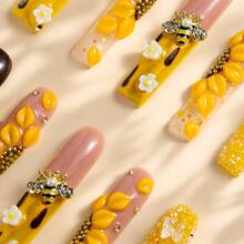 10pcs Handmade Long Square Press On Nails For Women, Yellow Brown Full Cover Fake Nails With 3D Bee, Flower, Honey Drip And Glitter Sugar Decor, Glossy Nail Tips For Spring, Summer, Picnic, Party, Vacation, Festival And Photoshoot - 黃色 - 查看 3