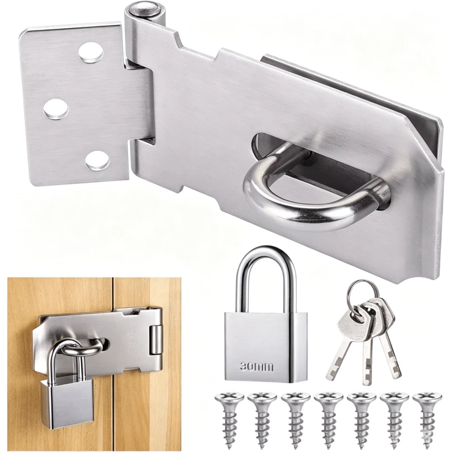 Folding Stainless Steel Door Latch For Garden Gates, Garden Sheds, And Cabinets, Including Padlock And Mounting Screws - 1 Set - View 1