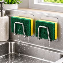 2pcs Set, (1 Kitchen Sink Sponge Holder + 1 Cleaning Sponge), 304 Stainless Steel Material, No-Drill Installation, Rust-Proof And Waterproof, Quick Drainage, Space-Saving Sink Organizer, Suitable For Kitchen And Bathroom - 1 Drain Rack and 1 Sponge - View 2