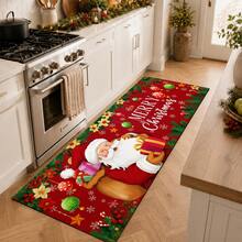 1pc Santa Claus & Snowman Print Kitchen Mat, Red Merry Christmas Polyester Doormat, Suitable For Kitchen, Entryway And Living Room Christmas Decor - Multicolor - View 2
