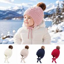 Infant & Toddler Warm Ear Protection Knitted Hat, Kids Unisex Winter Fleece Lined Knit Cap - Tie-up Pom-pom Earmuffs Hat - View 1
