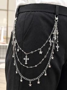 1pc Punk Style Fashion Waist Chain, Star Cross Pants Chain, 3-Layer Pants Chain, Made Of Full Rhinestone Star, Star Chain, Full Rhinestone Cross Accessories Combination Unique Metal 3-Layer Chain, Hip Hop Skirt Accessory Pants Chain, Suitable For Summer/Autumn, Autumn/Winter, Christmas, Halloween, Back To School Season, Classmate Gift, Friend Gift, Family Gift - Multicolor - View 4