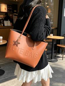 Minimalist Embossed Letter Leather Tote Bag, Large Capacity Commuter Shoulder Handbag With Star Charm, Versatile Women's Bag For School, Work, Daily Outings And Storage - Multicolor - View 16