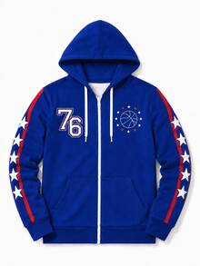 Philadelphia 76ers Style Zip-Up Sweatshirt – Royal Blue Basketball Sweatshirt With Star & Stripe Sleeves - Blue - View 4