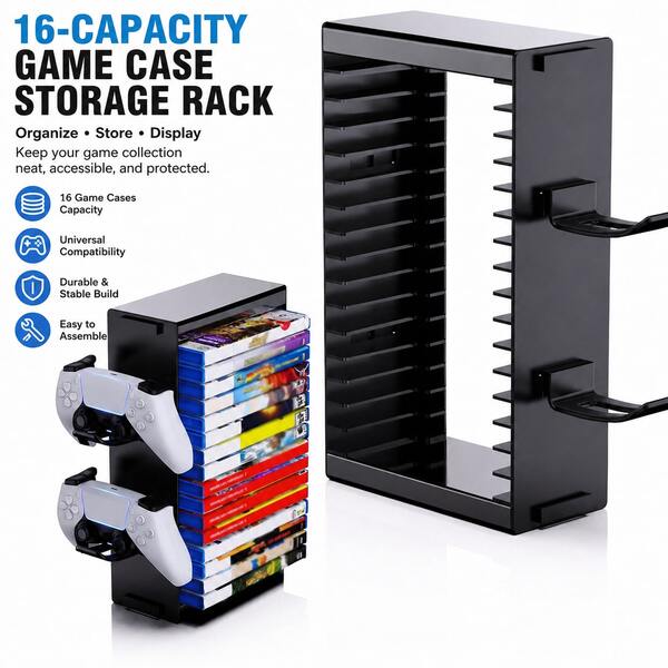 16-Disc Video Game Storage Tower met 4 Controller/Headset-slots, Stapelbare Verticale of Horizontale DVD Blu-Ray Organizer Rack Compatibel met P5, P4, Xbo en Switch 1/2, Zwart