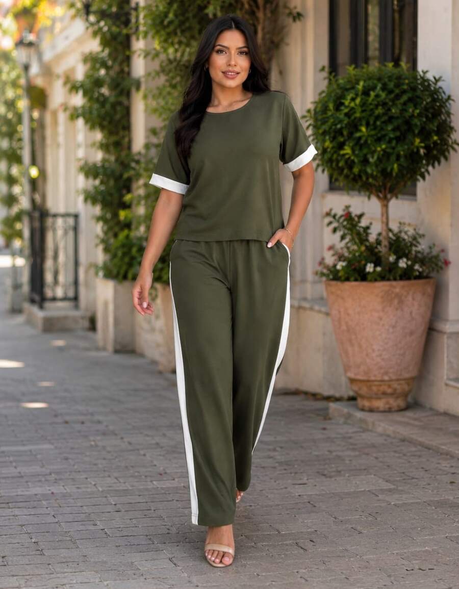 Women's Wide-Leg Pants And Short Sleeve Top Set Summer - 軍綠色 - 查看 1