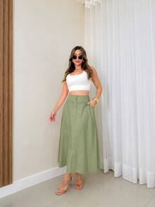 EMILI Women's Midi Skirt In Cotton Knit Fabric With Two-Button Front Closure And Belt Loops - Green - View 2